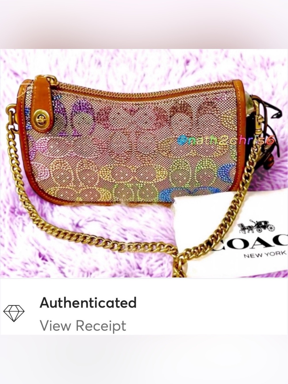 NWT Coach Swinger Small Crystal Signature Jacquard Bag 20 with Chain in Rainbow.